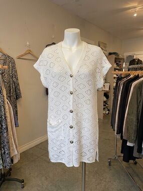 Bikini Village Vintage Y2K White Crochet Knit Beach Cover Up Cardigan Vest Large
